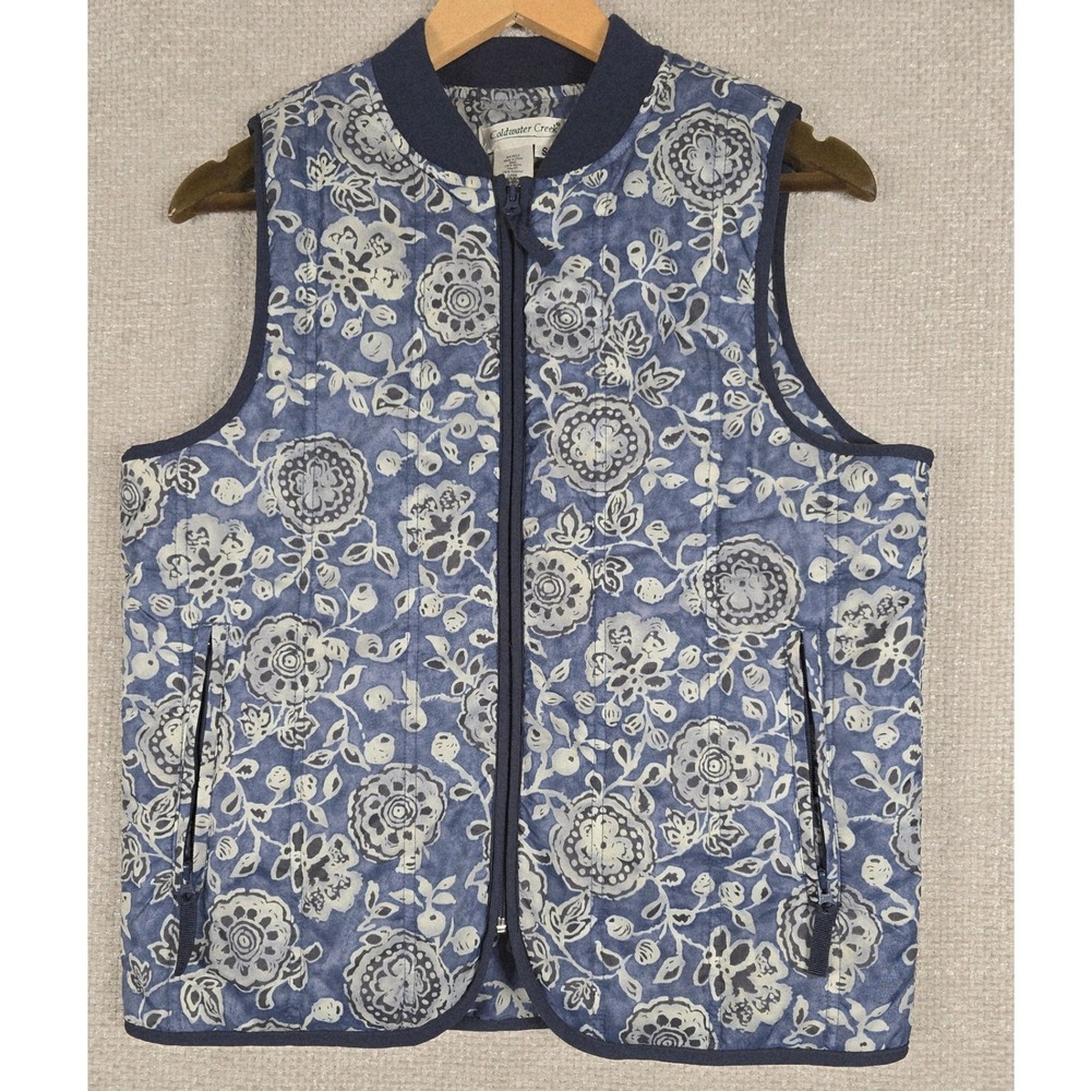 Coldwater Creek Womens Size Small Blue Floral Quilted Zip Front Vest